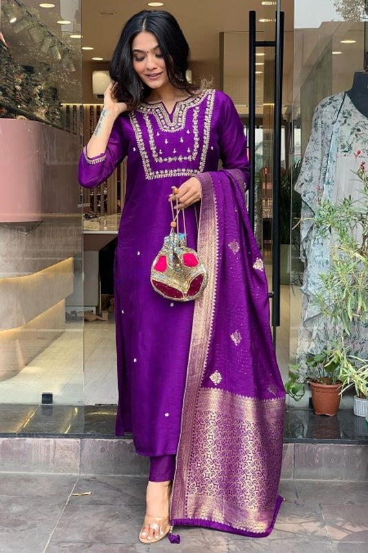 Ingenious Embroidered Purple Color Viscose Fabric Readymade Salwar Suit