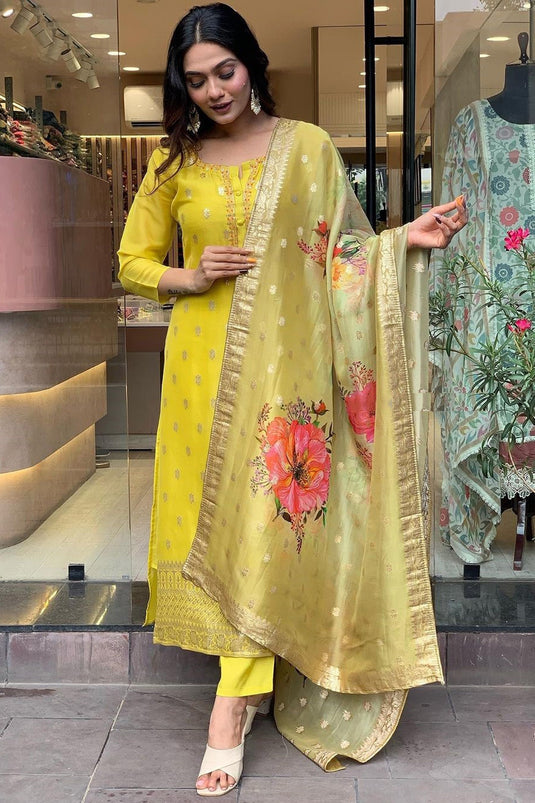 Fashionable Yellow Color Embroidered Viscose Fabric Readymade Salwar Suit