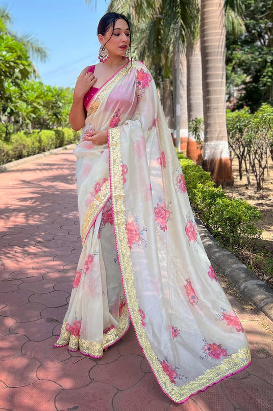 Beige Color Floral Print Daily Wear Organza Fabric Saree With Blouse