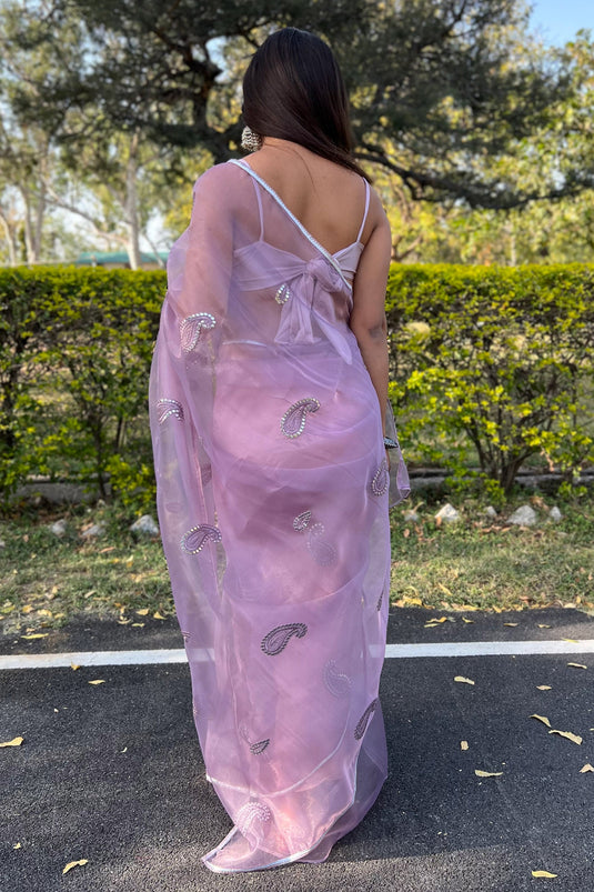 Embroidered Work Purple Saree In Organza Fabric