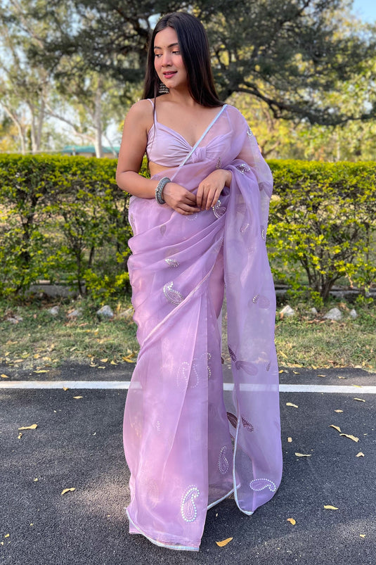 Embroidered Work Purple Saree In Organza Fabric