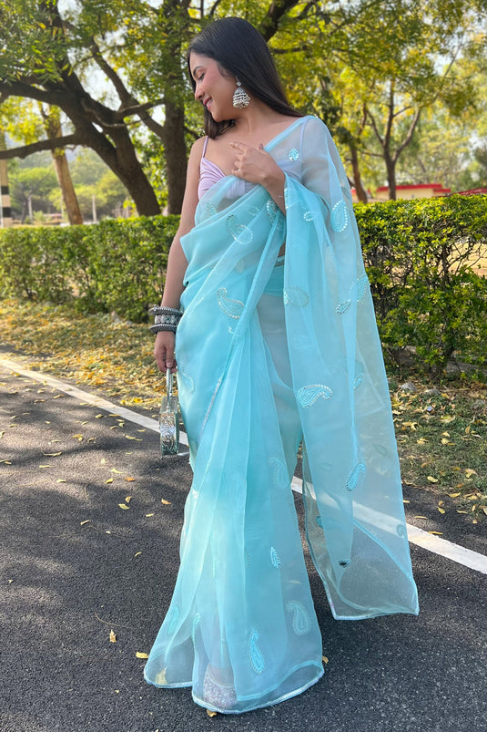 Cyan Embroidery Work Organza Saree With Blouse