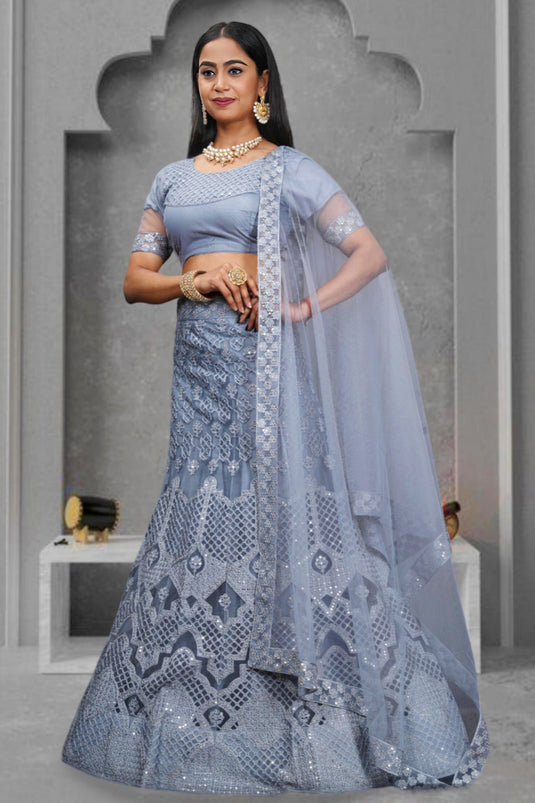 Soothing Sequins Work On Grey Color Net Fabric Lehenga