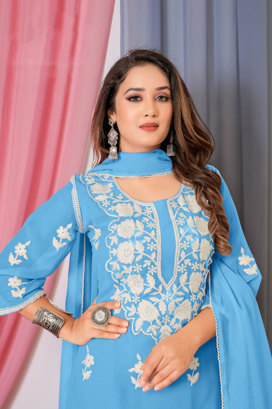 Georgette Fabric Blue Color Embroidered Winsome Palazzo Suit