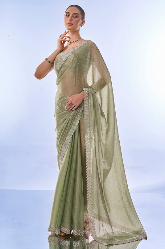 Glamorous Sea Green Color Swarovski work Fancy Fabric Saree