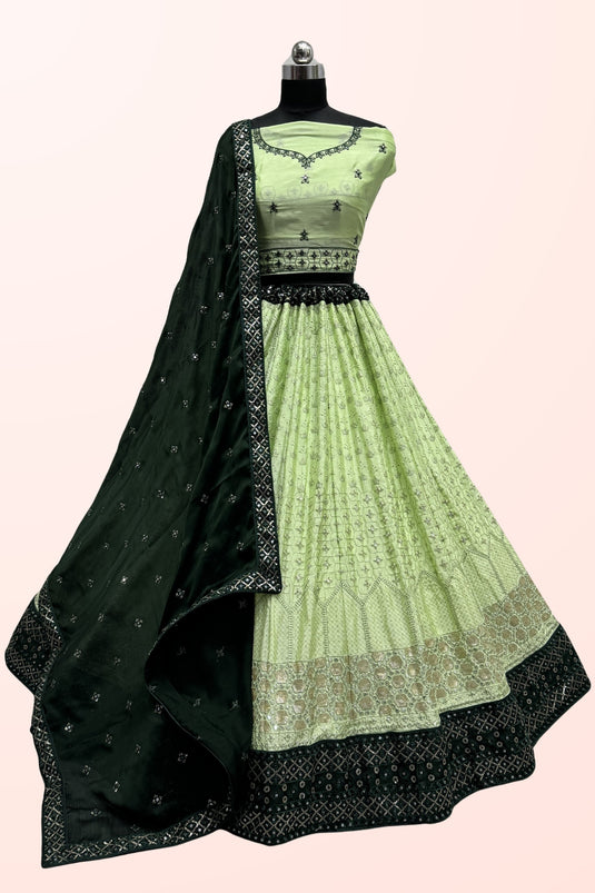 Heavy Georgette Fabric Sequins Work On Sea Green Color Lehenga