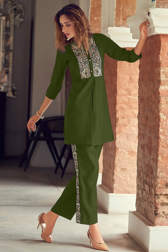 Green Color Casual Wear Fancy Fabric Stunning Readymade Top With Bottom