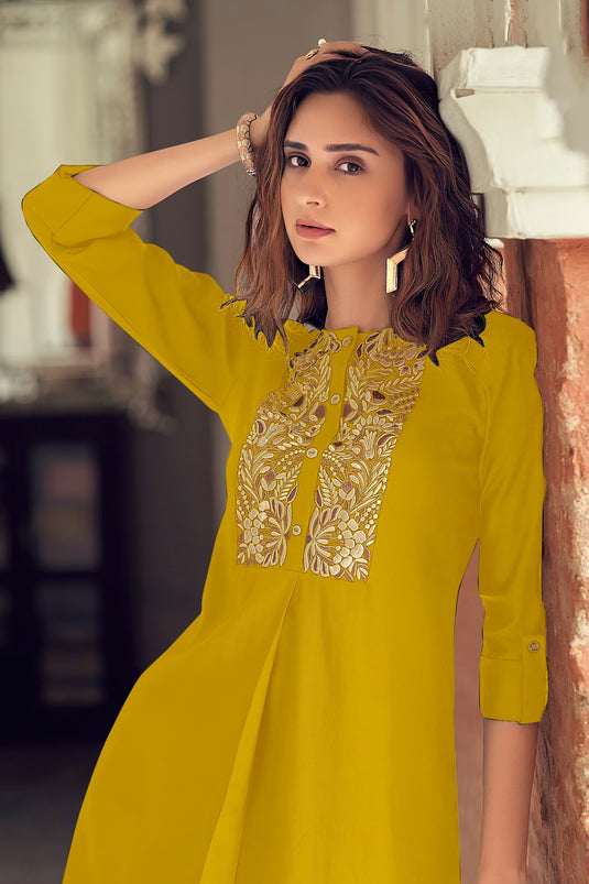 Beguiling Casual Wear Yellow Color Fancy Fabric Readymade Top With Bottom