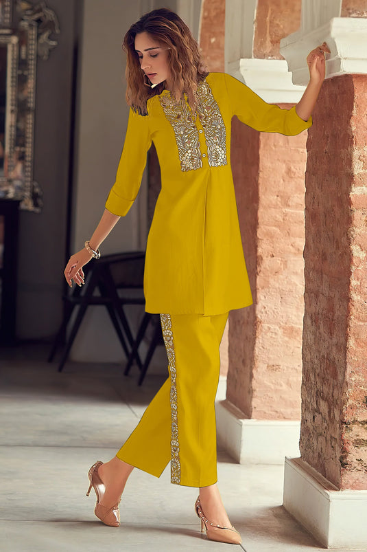 Beguiling Casual Wear Yellow Color Fancy Fabric Readymade Top With Bottom