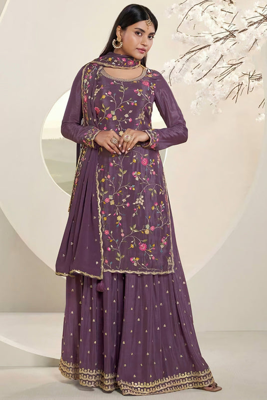 Purple Color Chinon Fabric Adorming Embroidered Sharara Suit