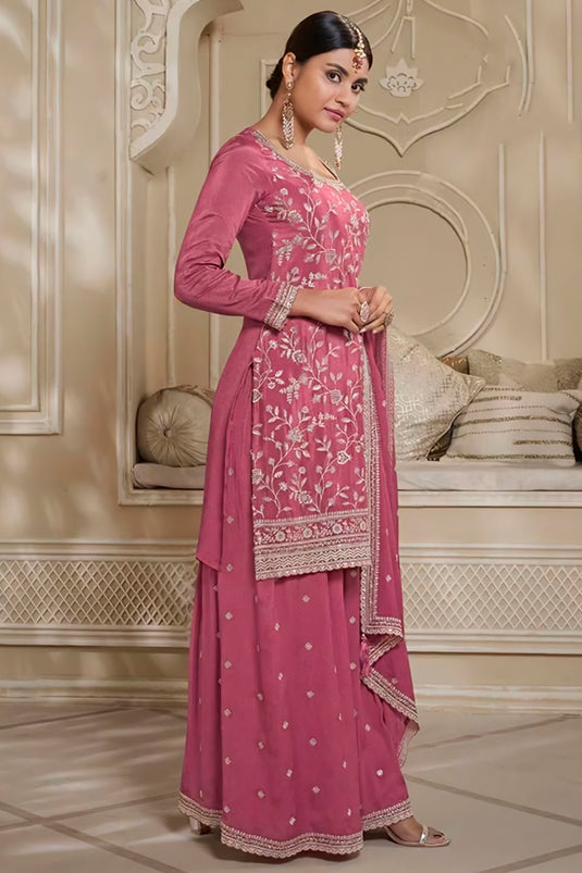 Pink Color Chinon Fabric Embroidered Tempting Sharara Suit