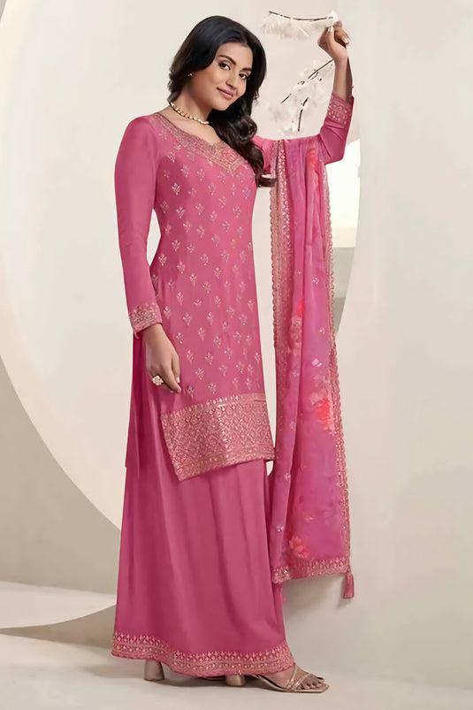 Chinon Fabric Pink Color Function Wear Elegant Sharara Suit