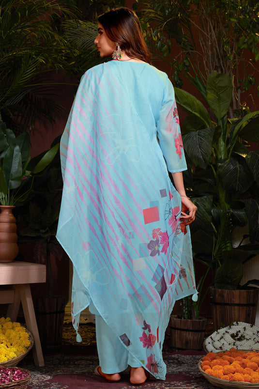 Organza Fabric Sky Blue Color Attractive Readymade Printed Salwar Suit