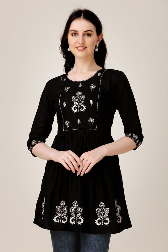 Entrancing Rayon Fabric Readymade Short Kurti In Black Color