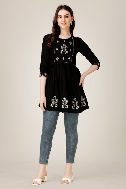 Entrancing Rayon Fabric Readymade Short Kurti In Black Color