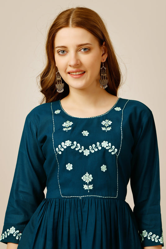 Charming Teal Color Rayon Fabric Readymade Short Kurti