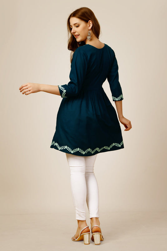 Charming Teal Color Rayon Fabric Readymade Short Kurti