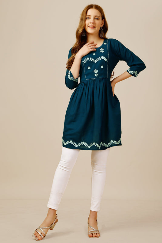 Charming Teal Color Rayon Fabric Readymade Short Kurti