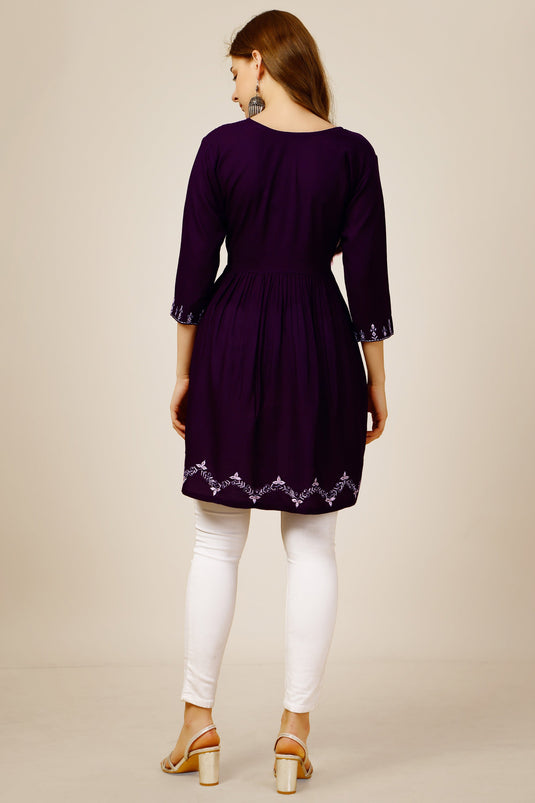 Purple Color Rayon Fabric Beatific Readymade Short Kurti