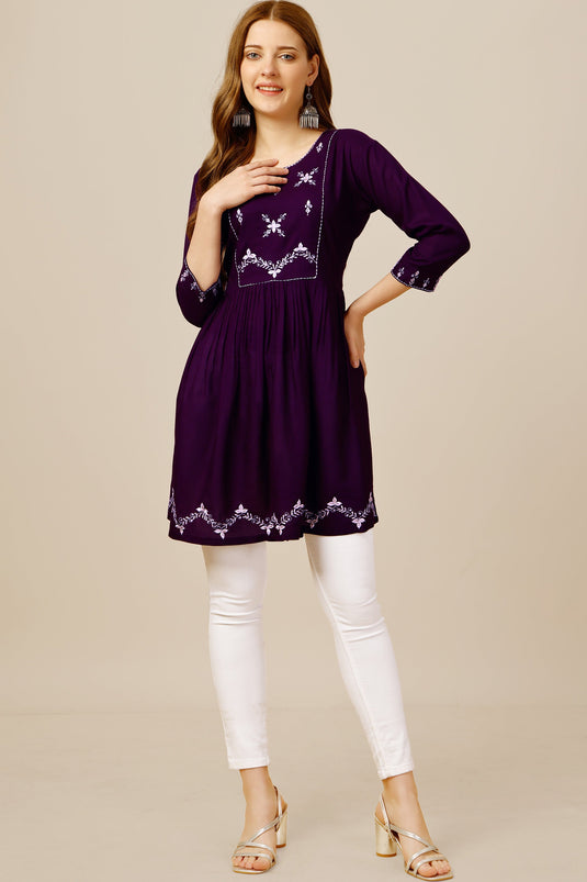 Purple Color Rayon Fabric Beatific Readymade Short Kurti