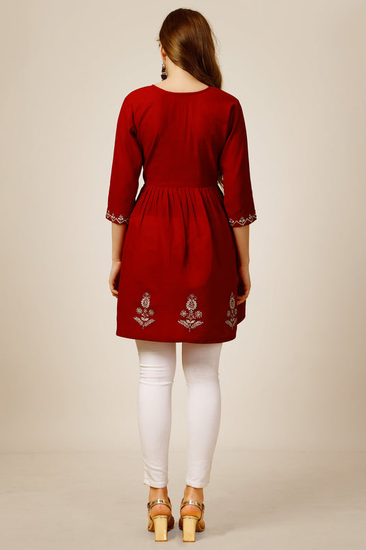 Incredible Rayon Fabric Red Color Readymade Short Kurti