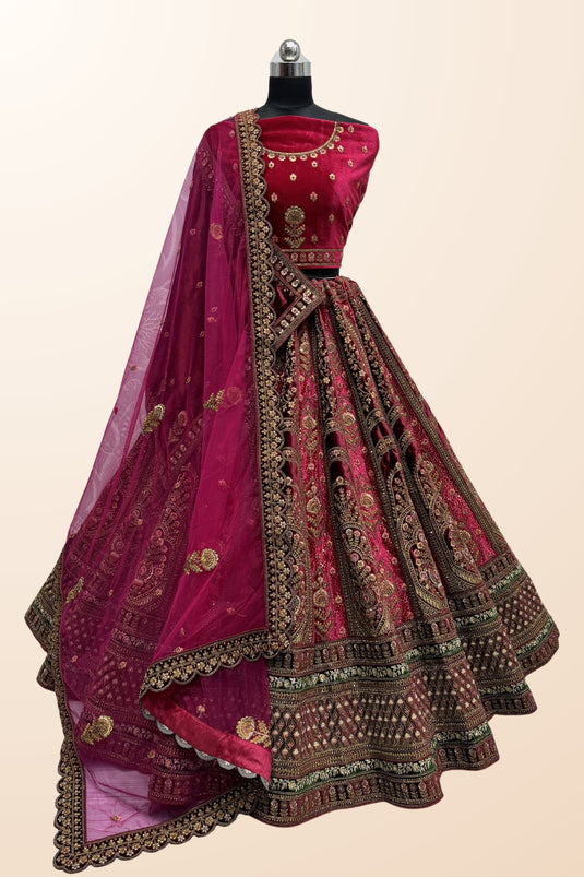 Stylish Sequins Embroidered Pink Velvet Fabric Bridal Lehenga