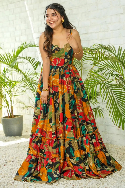 Tempting Rayon Fabric Multi Color Digital Printed Readymade Gown