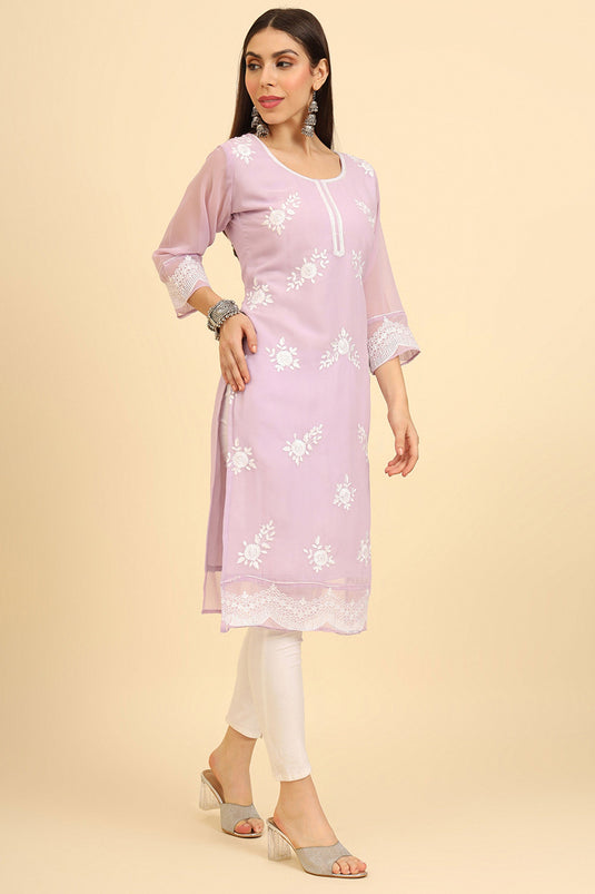 Purple Color Trendy Embroidered Kurti In Georgette Fabric