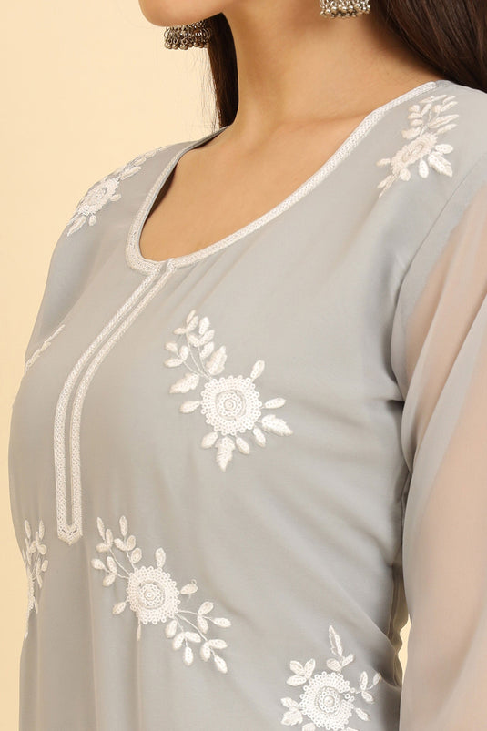 Marvellous Georgette Fabric Embroidered Kurti In Grey Color