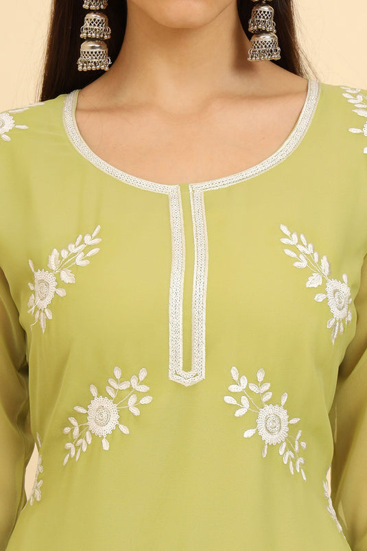 Attractive Georgette Fabric Green Color Embroidered Kurti