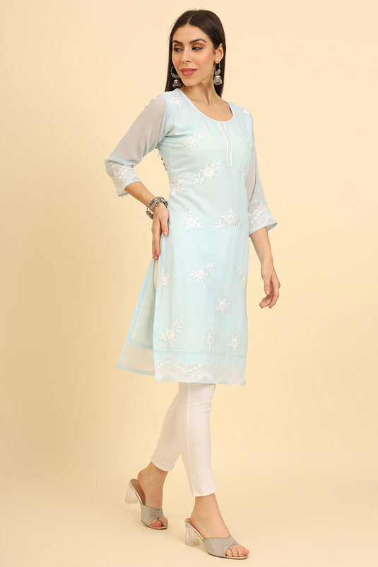 Embroidered Sky Blue Color Georgette Fabric Riveting Kurti