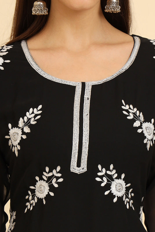 Georgette Fabric Black Color Pleasance Embroidered Kurti