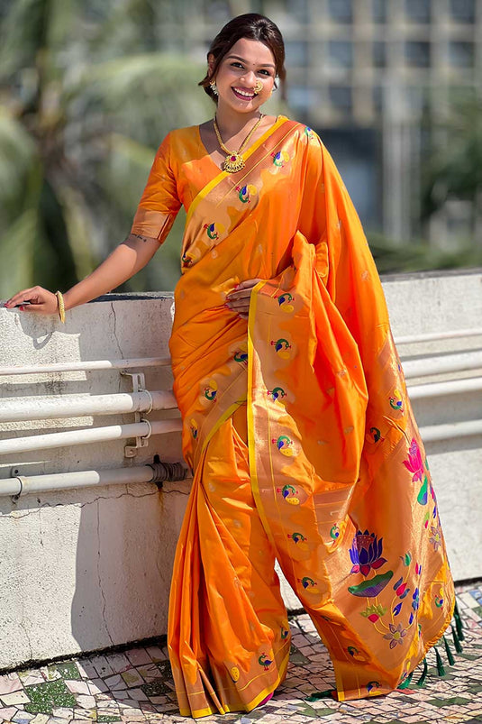 Weaving Work Imposing Paithani Silk Saree In Orange Color