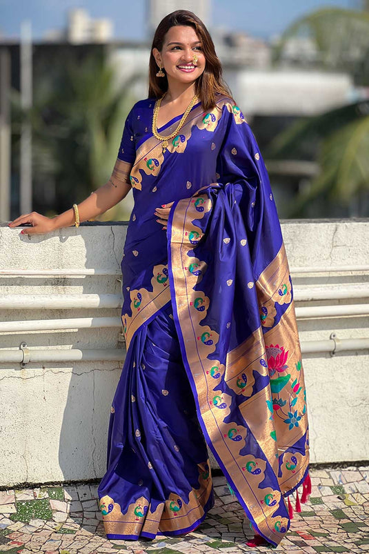 Blue Color Glorious Paithani Silk Saree With Weaving Work