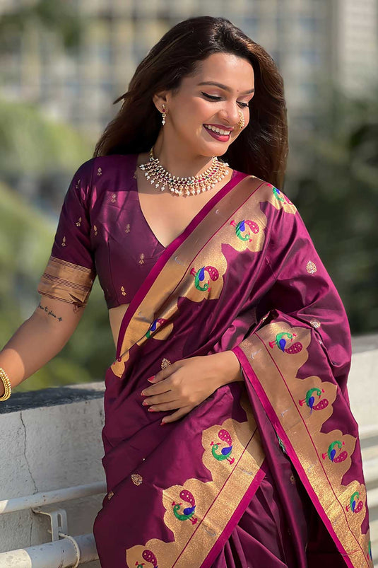 Delicate Magenta Color Weaving Work Paithani Silk Saree