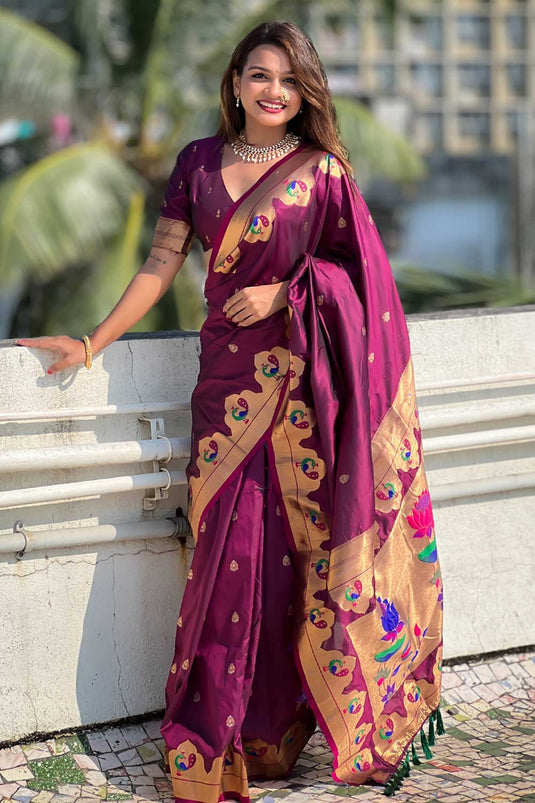 Delicate Magenta Color Weaving Work Paithani Silk Saree