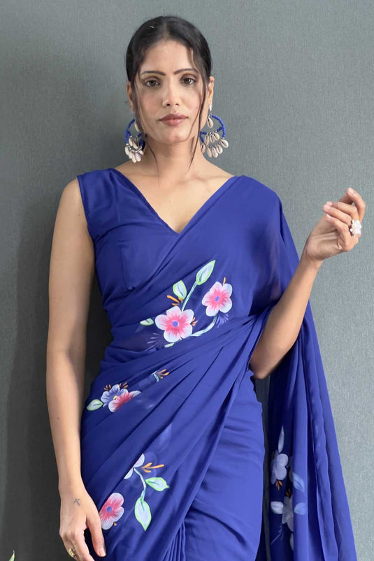 Floral Printed Captivating Georgette Saree In Blue Color