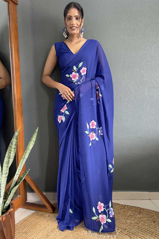 Floral Printed Captivating Georgette Saree In Blue Color