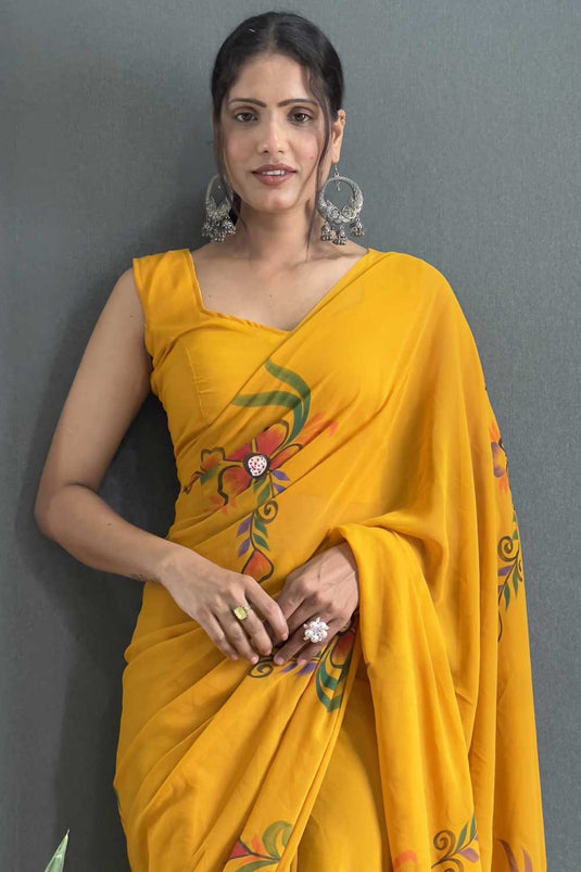 Floral Printed Awesome Georgette Saree In Mustard Color