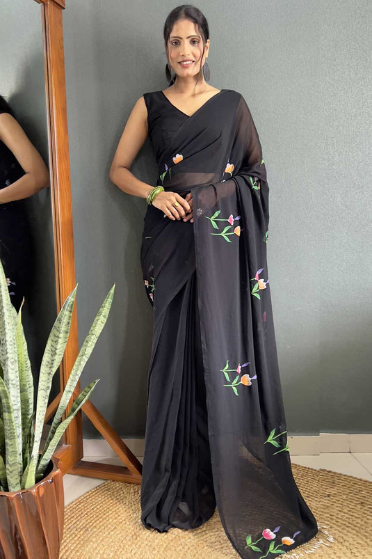 Floral Printed Black Color Trendy Georgette Saree