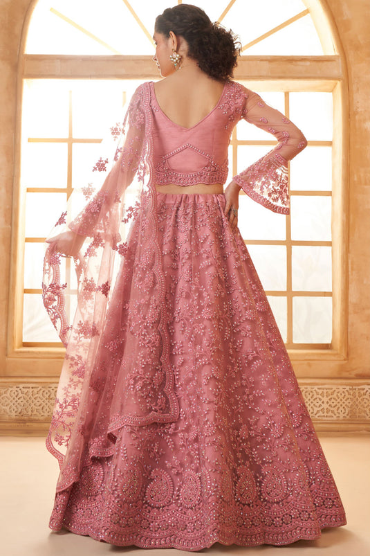 Pink Wedding Embroidered Lehenga Choli In Net Fabric