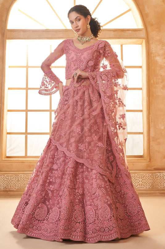 Pink Wedding Embroidered Lehenga Choli In Net Fabric