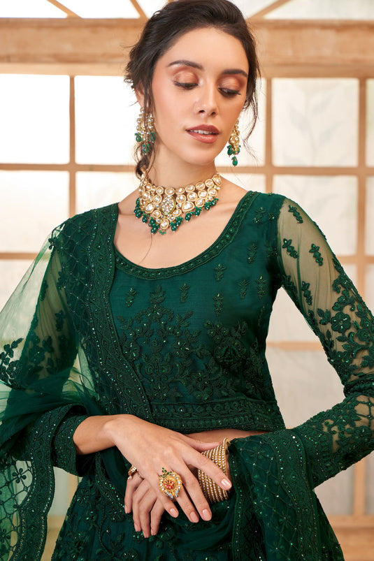 Dark Green Shine Wedding Thread Lehenga Choli