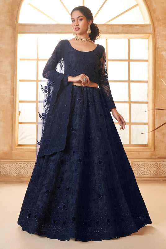 Navy Blue Blossom Embroidered Designer Lehenga Choli