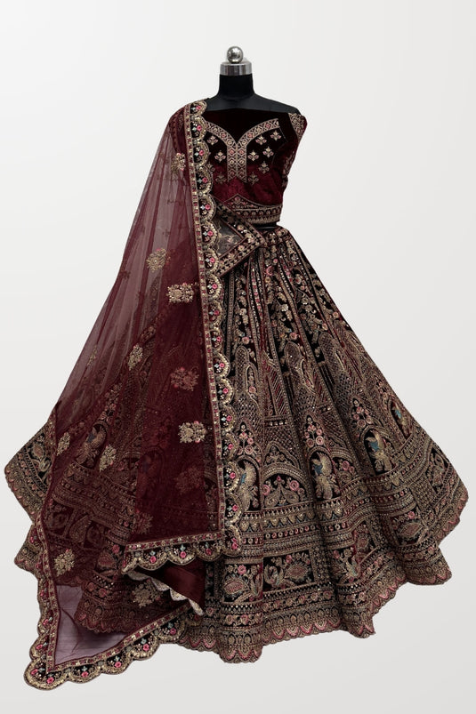 Maroon Color Fashionable Bridal Velvet Lehenga With Double Dupatta