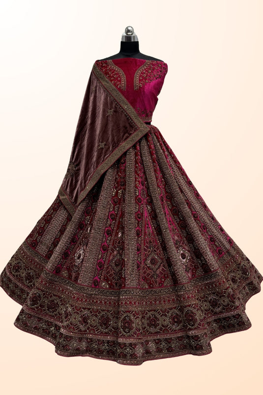 Pink Color Luminous Bridal Velvet Lehenga With Double Dupatta