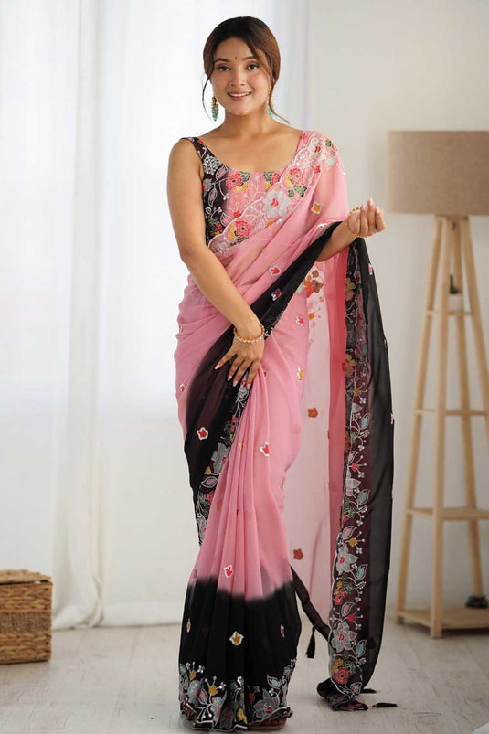 Attractive Black Color Embroidered Georgette Saree