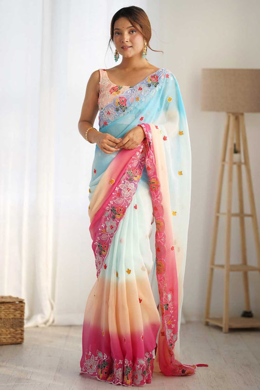 Radiant Sky Blue Color Embroidered Georgette Saree