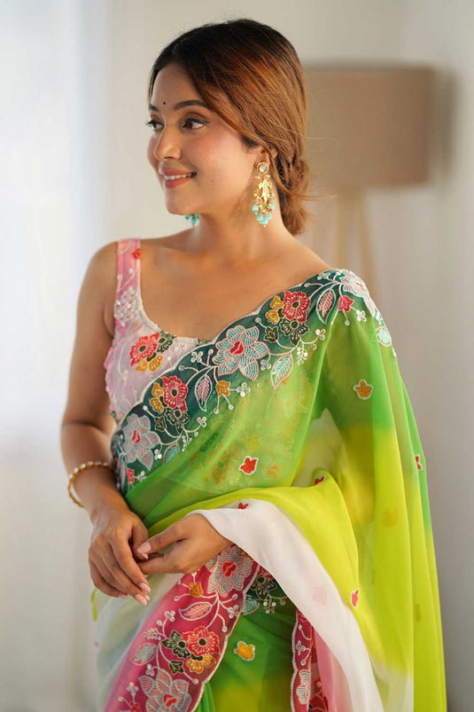 Blazing Green Color Embroidered Georgette Saree