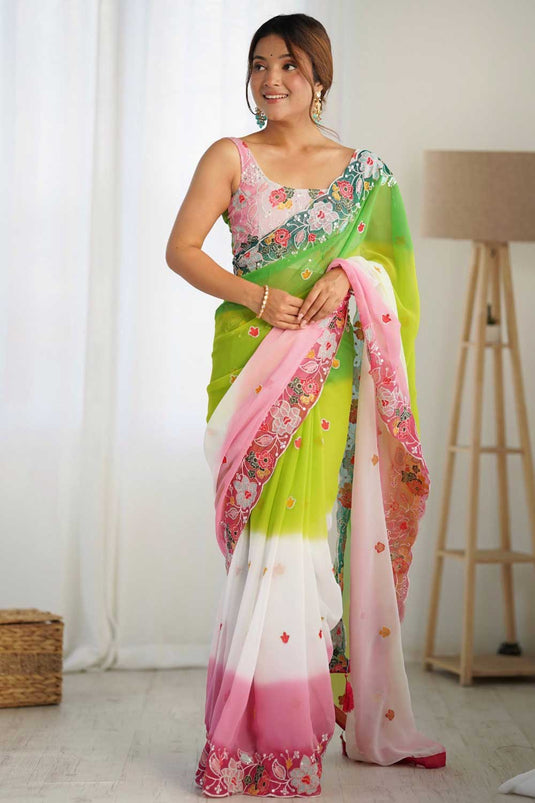 Blazing Green Color Embroidered Georgette Saree